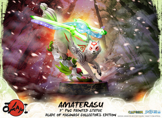 First 4 Figures is proud to introduce their latest PVC collectible, Amaterasu PVC: Karmic Transformer 8 statue.
Amaterasu is the Celestial Brush goddess of the Sun and represents the dog in the twelve East Asia zodiacs. She is a white wolf with ruby-red markings throughout her body and a tail shaped like a calligraphy brush. Floating right above her is her Divine Instrument, the fiery Reflector, which she uses as a weapon to fend of evil. Formerly known as the revered Shiranui, master of all Celestial Bru