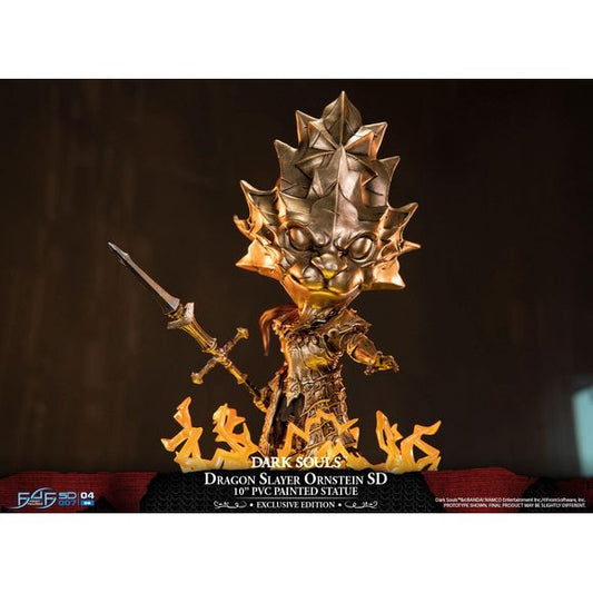 This statue has no edition number, and was a replacement and is in new and unopened condition. 
Similar to our resin statue of Dragon Slayer Ornstein, the base replicates the pillars found in the Anor Londo Cathedral boss room. And Ornstein himself has a ton of textured details like the resin, from the intricate design of his armor and spear to the battle damage weathering found throughout the statue. And with the Exclusive Edition, the lightning effects have LED lights in them with two modes—static and an