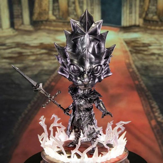 This statue has no edition number, and was a sample and is in new and unopened condition.
Similar to our resin statue of Dragon Slayer Ornstein, the base replicates the pillars found in the Anor Londo Cathedral boss room. And Ornstein himself has a ton of textured details like the resin, from the intricate design of his armor and spear to the battle damage weathering found throughout the statue. And with the Exclusive Edition, the lightning effects have LED lights in them with two modes—static and animated