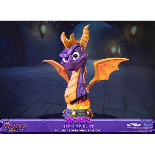 This statue's concept is inspired by the cover art on the physical copies of Spyro™ Reignited Trilogy. To easily appreciate all the details of this statue, a F4F turntable under the base was incorporated to allow manual rotation of the bust a full 360 degrees.
Spyro™ the Dragon – Spyro™ Life-Size Bust (Exclusive Open Wing Edition) comes with the following:
Spyro™ the Dragon – Spyro™ Life-Size Bust resin statue (with open wings)
Highly detailed base inspired by the Spyro™ Reignited Trilogy art style
LED fu