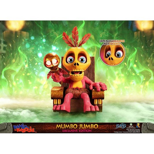 This statue has no edition number, and was a replacement and is in new and unopened condition.
First 4 Figures is proud to introduce their latest resin collectible, Mumbo Jumbo.
Mumbo Jumbo is often found seated on his chair inside the Mumbo Skull hut, waiting for Banjo-Kazooie to arrive so that he can perform his mighty Mumbo Magic on them. The shaman uses his Zap Stick to perform his transformation magic on the bear and bird duo and, in turn, asks for Mumbo Tokens in exchange for his services.
For the
