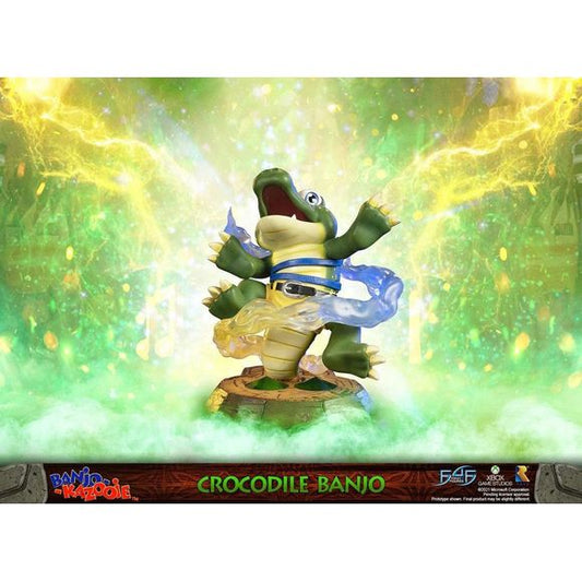 This statue has no edition number, and was a replacement and is in new and unopened condition.
First 4 Figures proudly presents their latest resin collectible, Crocodile Banjo!
One of the many transformations that Banjo-Kazooie undergoes in the original game is turning into a crocodile in the Bubblegloop Swamp level, which will allow Banjo-Kazooie to swim in the piranha-infested waters and challenge Mr. Vile in his mini-game.
The base Crocodile Banjo is mounted on replicates the skull button that Banjo-K