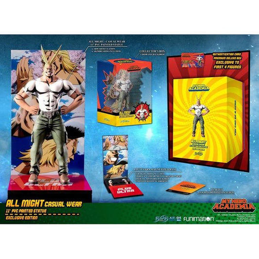 First 4 Figures is proud to introduce their latest PVC collectible, All Might: Casual Wear PVC Action Figure.
Like young Midoriya's action figure in the anime, our All Might is in his casual wear and features arm articulation. The shading details throughout the figure are also very accurate to the source, adding even more definition to the figure.
With the Exclusive Edition, you can interchange All Might's straight arms with the additional pair of akimbo arms that it comes with, which can also articulate.