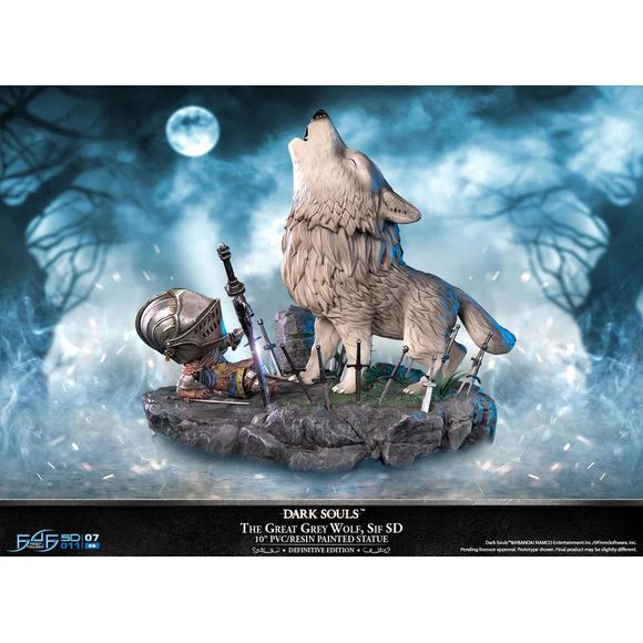 This statue has no edition number, and was a replacement and is in new and unopened condition.
First 4 Figures is proud to introduce their latest PVC statue collectible, The Great Grey Wolf, Sif SD Definitive Edition!
There is a cutscene that plays just before the start of The Great Grey Wolf, Sif boss battle. During the alternate cutscene, the player character falls on their back as The Great Grey Wolf, Sif slowly approaches them.
The Definitive Edition of this statue captures that entire cutscene in s