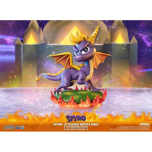 First 4 Figures is proud to introduce their latest PVC collectible, Spyro™ 2: Classic Ripto's Rage Exclusive Edition.
The concept for this statue is inspired by the official cover of the classic Spyro™ 2: Classic Ripto's Rage video game, from the pose of Spyro down to the design of the PVC base. The tilt of Spyro's head, his right paw up, the slight lean forward, the grassy terrain on fire that Spyro is standing on, and everything in between all directly matches the official video game cover the statue is