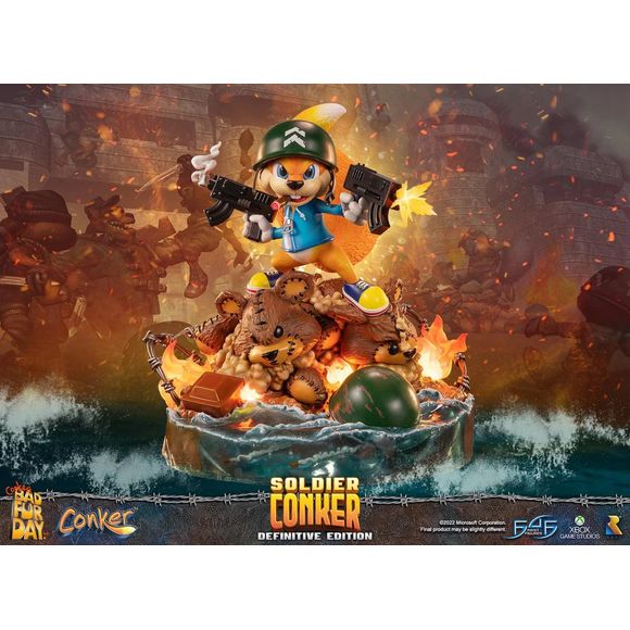 This statue has no edition number, and was a replacement and is in new and unopened condition.
First 4 Figures is proud to introduce their latest statue collectible, Soldier Conker Definitive Edition!
The highly detailed Conker statue is inspired by the eighth chapter in the game, "It's War", where Conker is taken to the war-torn Tediz Base Beachhead.
The base design is of the beachhead itself where the events took place. For the Definitive Edition, Conker is standing atop defeated enemy Tediz, there's