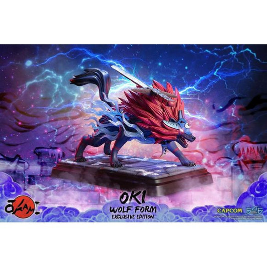 First 4 Figures proudly presents the high-quality resin statue of Okami’s Oki in Wolf Form. In this form, Oki is a fierce fighter that teams up with Amaterasu to save Nippon from evil demonic forces. Okami is renowned for its unique art style, inspired by Japanese sumi-e ink illustrations. This statue reimagines Oki but stays true to his video game appearance, with fearsome red eyes and fur, icy blue flames swirling around his body, and his signature Kutone sword on his back. For the exclusive edition,  LED