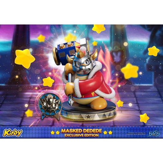 This statue has no edition number, and was a replacement and is in new and unopened condition.
King Dedede's armoured alter-ego has been beautifully sculpted. The powered-up king of Dreamland now wears a metallic mask and wields an awesome mechanical hammer. The base is a silver version of King Dedede's base with his signature peace sign at the centre of it. The silver and mechanical aesthetics makes him look even more formidable. The exclusive edition will include a beautifully detailed gold plated coin w