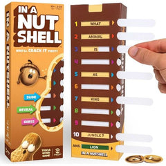 Can your team crack the nut? In a Nutshell is a family party game like no other, with its innovative box with sliding windows that reveal questions one word at a time. The challenge is to guess the answers by revealing the fewest possible words! Less is more - the fewer words you reveal, the more you score IF you get it right. How few will you risk? With two exciting game modes and over 450 questions, it's the ultimate word showdown that'll keep your team on the edge of their seats!