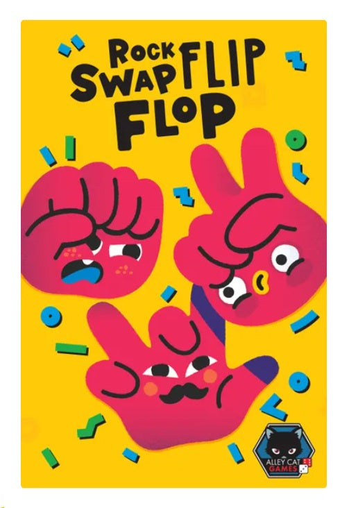 Players: 2-4
Playing Time: 5-15 minutes
Ages: 7+
In Rock Swap Flip-Flop you play the classic game of Rock Paper Scissors, but the hand shapes change every time! Compete to win a round of rock paper scissors and move the fingers around the hand boards to creature the shapes that match your cards. Complete a set of three cards to win a trophy. First to three trophies wins! Be careful though—if you make the wrong hand shape you're knocked out for that round!