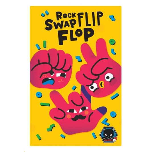 Players: 2-4
Playing Time: 5-15 minutes
Ages: 7+
In Rock Swap Flip-Flop you play the classic game of Rock Paper Scissors, but the hand shapes change every time! Compete to win a round of rock paper scissors and move the fingers around the hand boards to creature the shapes that match your cards. Complete a set of three cards to win a trophy. First to three trophies wins! Be careful though—if you make the wrong hand shape you're knocked out for that round!