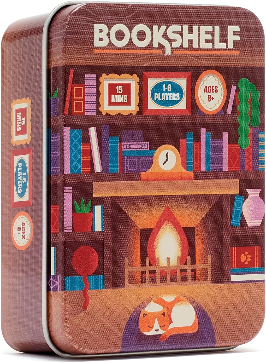 Bookshelf is the new game in Alley Cat Games' ever popular tin line.
Players must work together to cooperatively stack books on top of a tower of cards. Cards have instructions on which books to place on top of it, and restrictions of where most of the books need to be placed. Don't be fooled though, placing books one at a time is harder than it initially looks!