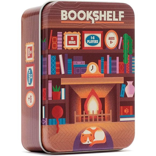 Bookshelf is the new game in Alley Cat Games' ever popular tin line.
Players must work together to cooperatively stack books on top of a tower of cards. Cards have instructions on which books to place on top of it, and restrictions of where most of the books need to be placed. Don't be fooled though, placing books one at a time is harder than it initially looks!