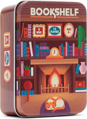 Bookshelf is the new game in Alley Cat Games' ever popular tin line.
Players must work together to cooperatively stack books on top of a tower of cards. Cards have instructions on which books to place on top of it, and restrictions of where most of the books need to be placed. Don't be fooled though, placing books one at a time is harder than it initially looks!