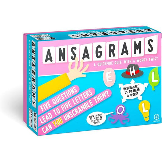 ANSAGRAMS is a fun, fast paced quiz game that tests more than just your general knowledge. 5 simple questions stand between you and victory, but it’s only the FIRST LETTER of each of your answers that really matter. Because, when all five of those letters are unscrambled, they spell out a FIVE LETTER WORD. Will you be the first player to work it out within the 30 second time limit? All you’ll need is the cards, the stopwatch on your phone, a few friends, and something to jot your answers down on.
Each card