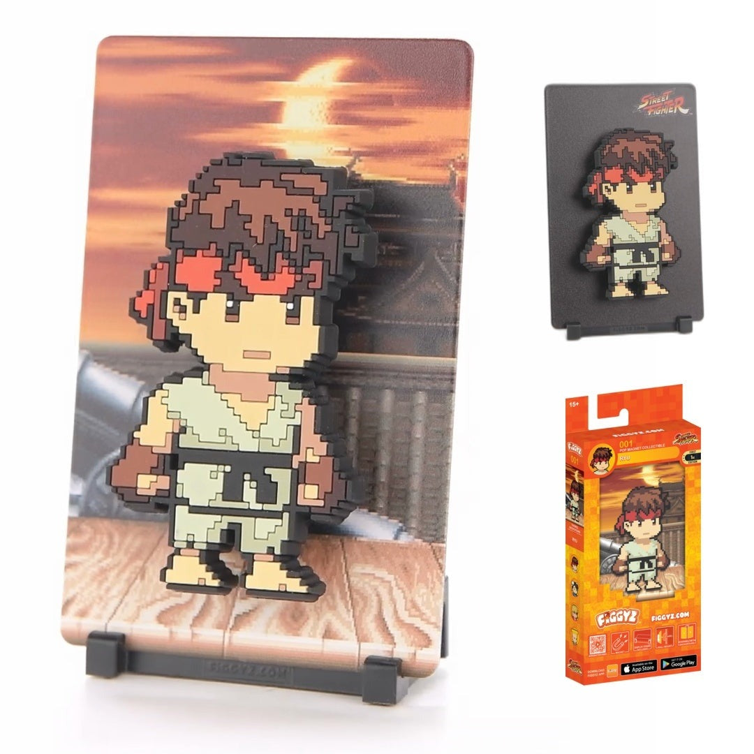A determined fighter from Street Fighter, embodies strength and self-improvement
FiGGYZ are Pop Magnet Collectibles - pixel-art characters that snap magnetically onto display-ready backdrops.
Each one features:
A reversible metal display
Side A: Themed background related to the character
Side B: Classic Background, typically of the franchise
A magnetized figure raised off the surface using MagMounts™ for a 3D pop out feeling
Comes with a display base for shelves and a magnetic sticker for mounting on any