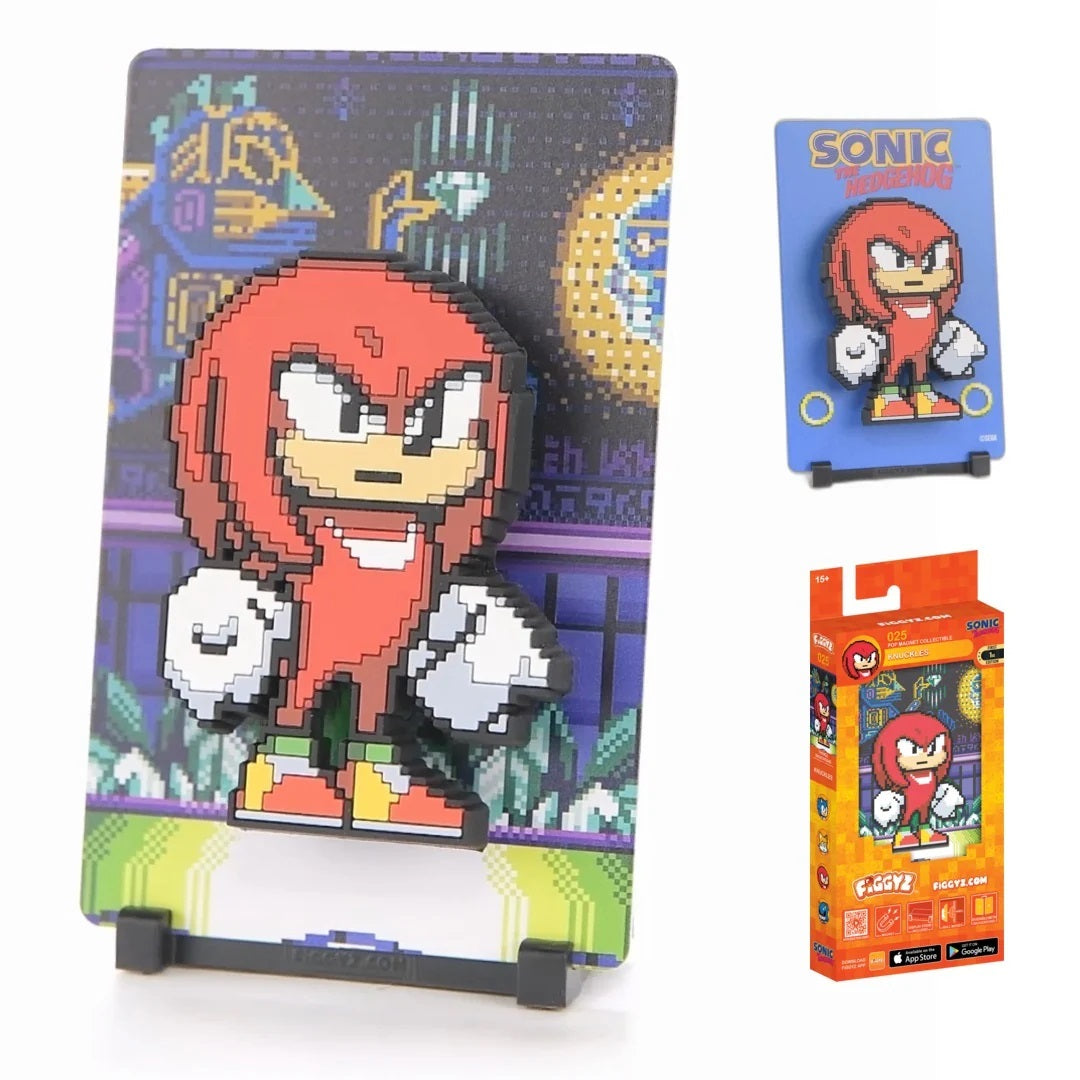 A powerful echidna and guardian of the Master Emerald, known for his strength and determination.
FiGGYZ are Pop Magnet Collectibles - pixel-art characters that snap magnetically onto display-ready backdrops.
Each one features:
A reversible metal display
Side A: Themed background related to the character
Side B: Classic Background, typically of the franchise
A magnetized figure raised off the surface using MagMounts™ for a 3D pop out feeling
Comes with a display base for shelves and a magnetic sticker for