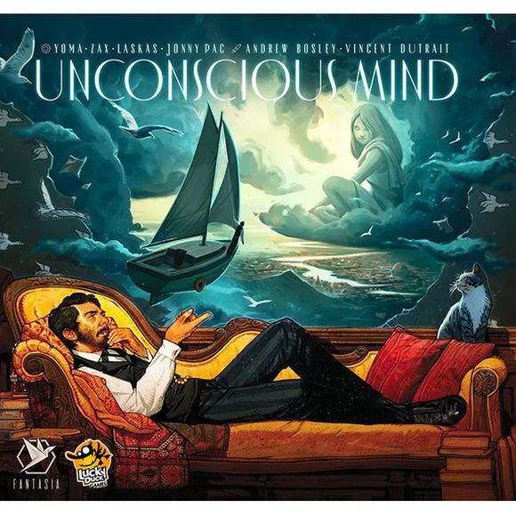Unconscious Mind is a euro-style game featuring worker placement, engine building, multiple rondels, and cascading effects. On your turn, you may place one or two Ideas (workers) on a central Meeting Table to access a variety of actions, such as adding tiles to your player board, drafting and playing cards, and moving around the city of Vienna. Where you place your Ideas also determines how far to advance your rondel's inkpot, activating a row or column of tile effects on your player board