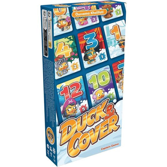 Get ready to quack up! Argh! Your rubber ducks are splashing water all around your bathtub! Find a way to prevent them from getting water everywhere!
Duck & Cover is a n accessible game that's quick and easy to set up. Each player places their 12 duck cards on a grid. Each turn, a duck number is called up and players must move it onto their grid. Either the designated duck covers one of its neighbors to form a pile, or it moves where it likes but without covering anything. If the duck to be moved is alread