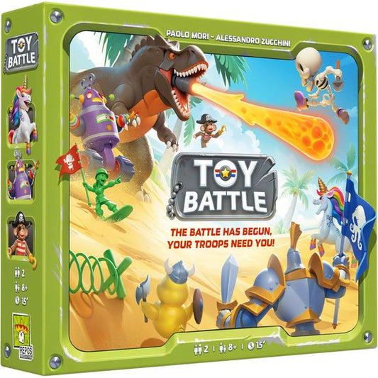 On land, on sea, in clouds, and even in space, battles are breaking out between toys. Your troops need your tactical talent to lead them to victory. Your mission? Be the first to reach the enemy headquarters or control more territories than your opponent.
Contents:
48 Troop Tiles, 4 double-sided Terrain boards, 16 Medal Markers, 2 wooden racks, 2 storage boxes, 1 player aid, 1 rulebook