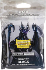 Dragon Shield's thickest inner sleeves ever: Perfect Fit Thick Inner Sleeves. The reinforced thickness provides even greater protection for treasured cards and easier handling when double-sleeving. They are top-loading and fit smoothly inside regular Dragon Shield sleeves - perfect for double-sleeving. The Clear front combined with a Black back makes this the perfect companion for any lighter colored regular sleeve, increasing opacity dramatically. The sleeves are 100% archival safe (acid- and PVC-free). Ea