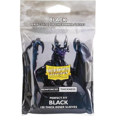 Dragon Shield's thickest inner sleeves ever: Perfect Fit Thick Inner Sleeves. The reinforced thickness provides even greater protection for treasured cards and easier handling when double-sleeving. They are top-loading and fit smoothly inside regular Dragon Shield sleeves - perfect for double-sleeving. The Clear front combined with a Black back makes this the perfect companion for any lighter colored regular sleeve, increasing opacity dramatically. The sleeves are 100% archival safe (acid- and PVC-free). Ea