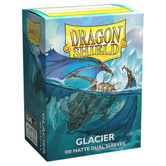 Glacier, immense and frosty. Dragon Shield Matte Dual sleeves. Clear front and a textured matte back. Fully opaque sleeves with a black interior, an elegant backdrop for black bordered cards. The sturdy cardboard box fits 75+ single sleeved cards or 65+ double sleeved cards. Every box has a label on the top for personalization.