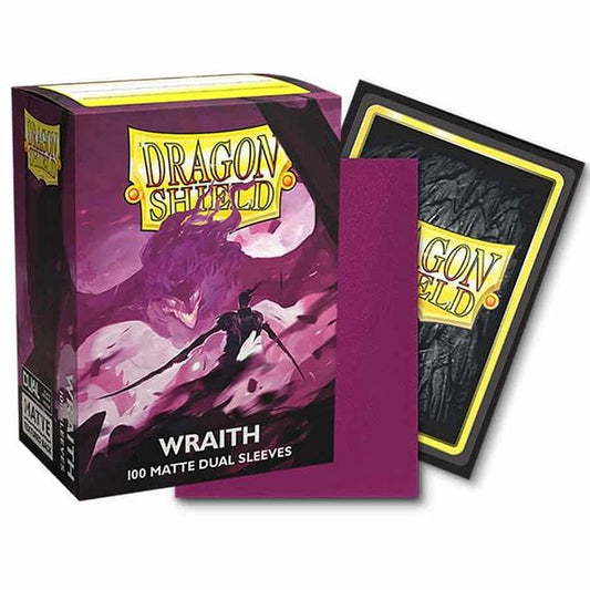 Wraith, the unnerving specter of revenge. Dragon Shield Dual Matte sleeves. Fully opaque sleeves with a black interior, an elegant backdrop for black bordered cards. Clear front and a textured matte back. The sturdy cardboard box fits 75+ single sleeved cards or 65+ double sleeved cards. Every box has a label on the top for personalization and organization.