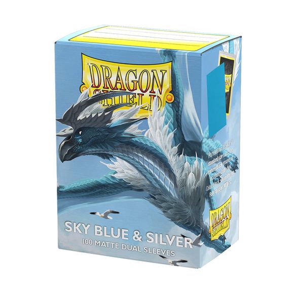 Sky Blue & Silver Matte Dual sleeves feature a light blue back and a silver interior. A perfect match for water decks. The next evolution in Dragon Shield's Matte Dual sleeves, featuring brilliant bright backs with an elegant silver interior.
Dragon Shield Standard Matte Dual sleeves have a clear front and a textured matte back. They are fully opaque, with a black interior, which makes for an elegant backdrop for black bordered cards.