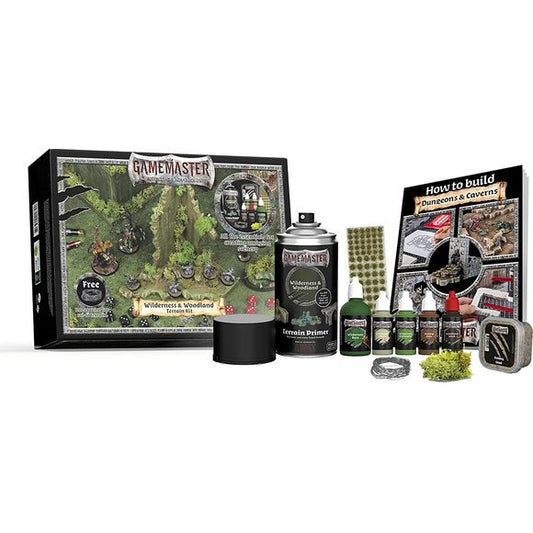 Whether you’re preparing to build shrubby thickets or fresh, mossy forests, the GAMEMASTER: Wilderness & Woodlands Terrain Kit will supply you with all the paints and basing materials you need to create amazing scenery for any RPG system or skirmish miniature game.
In this kit you’ll find a unique Terrain Primer that won’t corrode your building material - no matter if you’re building with XPS foam, styrofoam or MDF fiber board. Combined with handpicked paints, washes, basing materials and tufts you are w