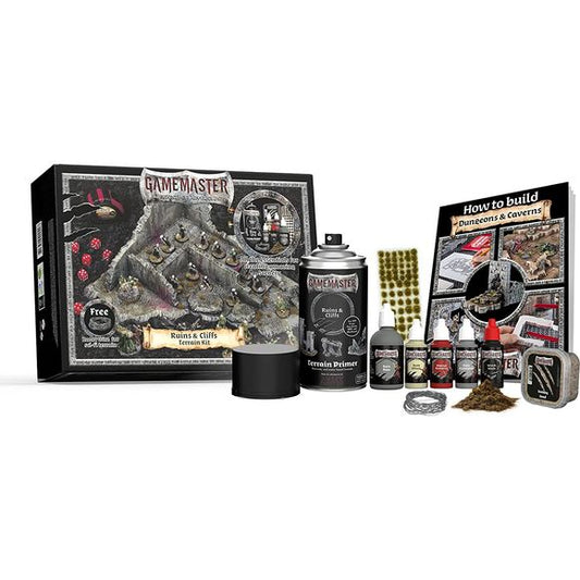 Whether you’re preparing to build rugged rocks or sloping ridges, the GAMEMASTER: Ruins & Cliffs Terrain Kit will supply you with all the paints and basing materials you need to create amazing scenery for any RPG system or skirmish miniature game.
In this kit you’ll find a unique Terrain Primer that won’t corrode your building material - no matter if you’re building with XPS foam, styrofoam or MDF fiber board. Combined with handpicked paints, washes, basing materials and tufts you are well on your way to