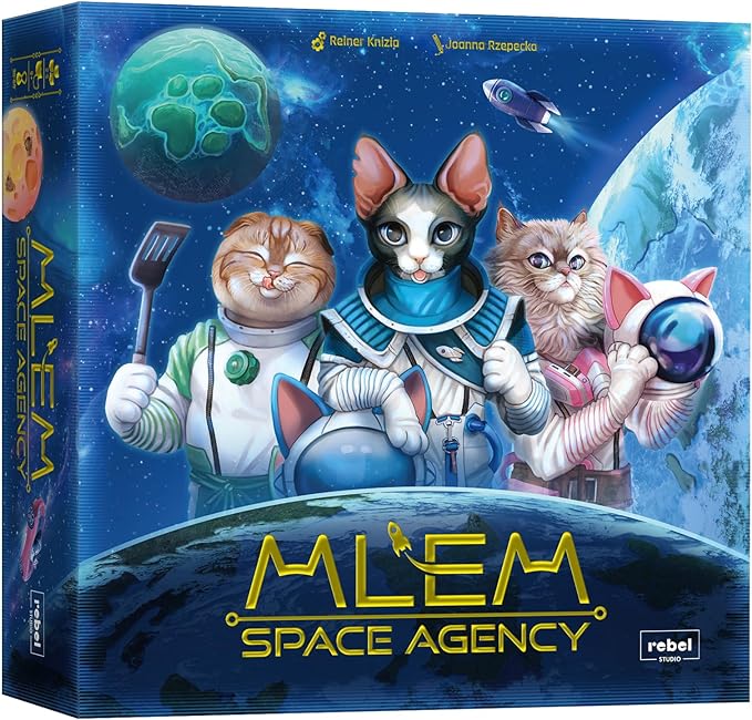 In MLEM: Space Agency, you want to place your "catstronauts" on planets and moon throughout the solar system — and if they happen to venture beyond the Oort Cloud to the Milky Way at large, so much the better.
Each player in the game has a team of eight cats, each with a special power. Each turn, one player is the lead and places a catstronaut of their choice from their remaining crew on the spaceship, after which each other player does the same.
The player then rolls six dice, and (ideally) chooses all d