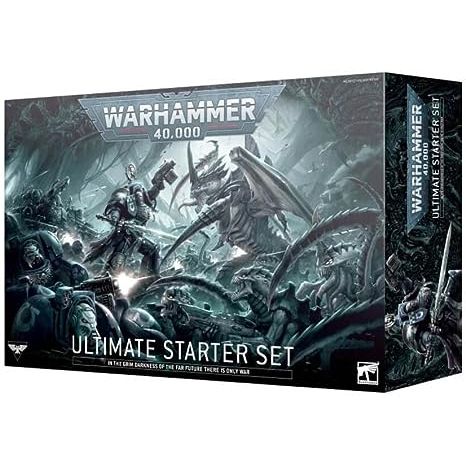 This boxed set includes:
1x 72-page softcover Warhammer 40,000 Ultimate Starter Set Handbook
1x 72-page softcover Warhammer 40,000 Core Rules Booklet
44x plastic push-fit Citadel miniatures
12x Space Marines
- 1x Captain in Terminator Armour: 1x Librarian in Terminator Armour
- 5x Terminators
- 5x Infernus Marines
32x Tyranids
- 1x Winged Tyranid Prime
- 1x Psychophage
- 3x Von Ryan’s Leapers
- 5x Barbgaunts
- 20x Termagants
2x Ripper Swarms
9x plastic Citadel modular terrain pieces
- 1x STC Hab-bunk