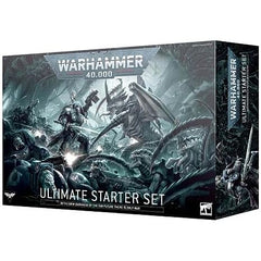 This boxed set includes:
1x 72-page softcover Warhammer 40,000 Ultimate Starter Set Handbook
1x 72-page softcover Warhammer 40,000 Core Rules Booklet
44x plastic push-fit Citadel miniatures
12x Space Marines
- 1x Captain in Terminator Armour: 1x Librarian in Terminator Armour
- 5x Terminators
- 5x Infernus Marines
32x Tyranids
- 1x Winged Tyranid Prime
- 1x Psychophage
- 3x Von Ryan’s Leapers
- 5x Barbgaunts
- 20x Termagants
2x Ripper Swarms
9x plastic Citadel modular terrain pieces
- 1x STC Hab-bunk