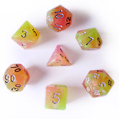 The perfect companion for your gaming needs! These HD acrylic dice are exactly what you've been searching for that upcoming game night with the group. This set includes on of each: d20, d12, d10, d10 (percentile), d8, d6, and a d4 (7 dice in total) in a vivacious summer's joy finish.