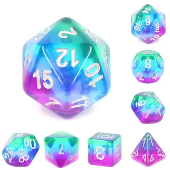The perfect companion for your gaming needs! These HD acrylic dice are exactly what you've been searching for that upcoming game night with the group. This set includes one of each: d20, d12, d10, d10 (percentile), d8, d6, and a d4 (7 dice in total) in a
