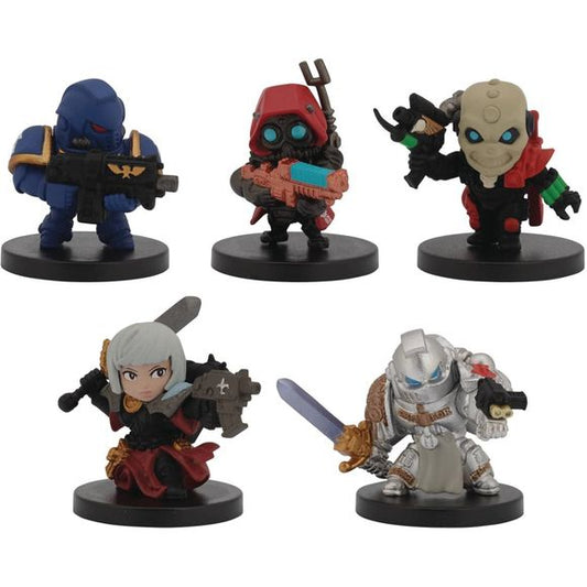 Bandai's Warhammer 40,000 Chibi figures lets you collect some of the most iconic characters. Each figures measures approximately 1 1/2-inches tall and this series includes Ultramarine Primaris Intercessor with Bolt Rifle, Skitarii Ranger with Arc Rifle, Adepta Sororitis Battle Sister with Bolt Gun and Power Sword, Grey Knight with Nemesis Force Sword, and Eversor Assassin with Executioner Pistol and Neutral Gauntlet. Each figure comes in opened blind foil packaging - to confirm each figure, but never displa