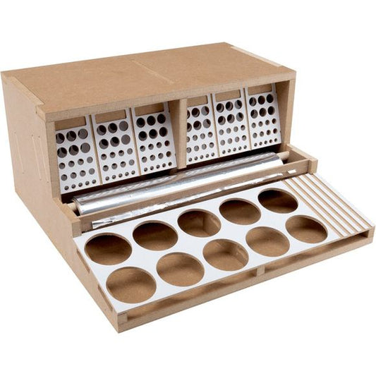 This product is a brush, tools and color-mixing-palette for modeling storage module product. You can store a wide variety of brush and tools for hobby modeling. It can hold color-mixing plates to arrange them like a palette. On the right is a used brush holder to set brushes down between painting. The back of color-mixing palette can be used to hang a roll of aluminum foil or wrap. The roll can be rolled out to cover paint plates.

Made of high-density MDF, more durable than general MDF.   All MDF materia