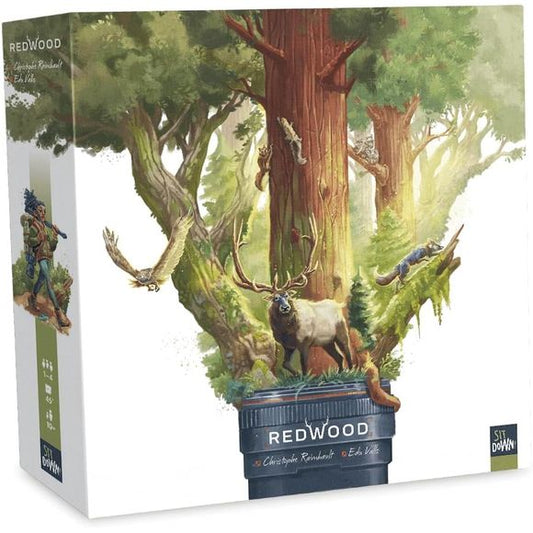Redwood is a game of movement estimations and angle of view where players have to take pictures of wild animals to compose the most beautiful panorama. The game is for 1 to 4 players, ages 10+ and the games last about 45-60 min. During their turn, each player will have to choose between different movements and their angle of view (materialized by real plastic elements) to catch the animals in the picture (without disturbing them). Collecting animals and decorative elements earn victory points. During the ga