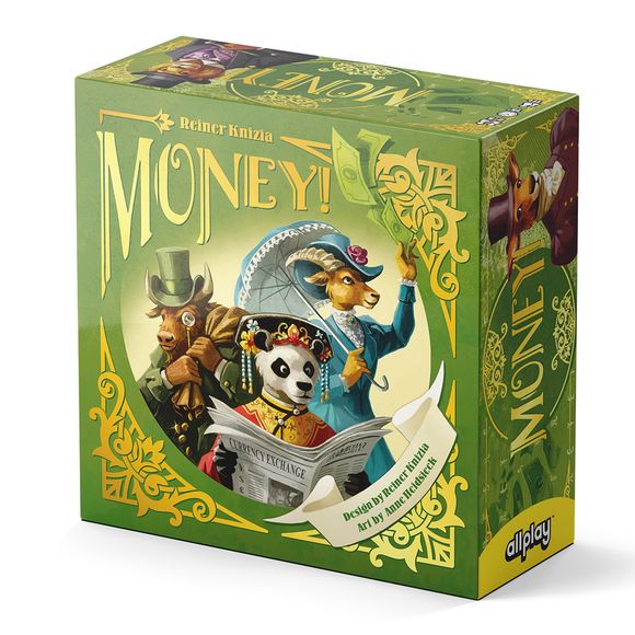 Your goal in Money! is to trade currencies with the bank and other players so that you end up with more value than anyone else.
Each player starts with a hand of six cards from a deck that contains cards in seven currencies ranging in value from 20-60, along with coins worth 10. Four cards from the deck are placed face up to its left and to its right.
In a round, each player chooses a bid of one or more cards from their hand, then everyone reveals their bid simultaneously. Whoever bid the highest sum take