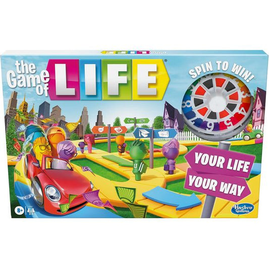 Buckle up for an exciting ride through life's twists and turns. Pop in colorful pegs and spin to move along the gameboard as life unfolds from Start to Retirement. Every Stop! Space is a major life milestone where players spin for their fate or choose their path forward. Decide whether or not to get married, grow a family, or retire early. Action cards give players options for how their adventures play out! Willing to take a risk? Invest in a number on the investment tracker and get more cash whenever someo