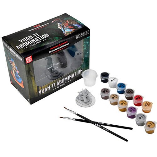 This kit includes high-quality paints from Vallejo and the fearsome Yuan-ti Abomination miniature, as inspired by the classic D&D monster. (Model comes unpainted).