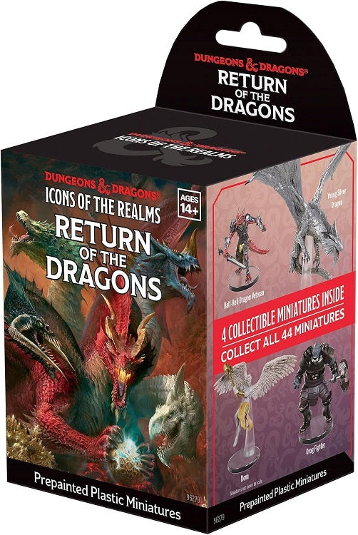 D&D Icons of the Realms: Return of the Dragons updates all 44 miniatures from the original Tyranny of Dragons set. Features: Collect 44 miniatures from the Tyranny of Dragons campaign. Updated poses and decoration for all 44 original Tyranny of Dragons miniatures. Some miniatures include translucent parts. Boosters contain 1 Large miniature and 3 Medium or Small miniatures.
