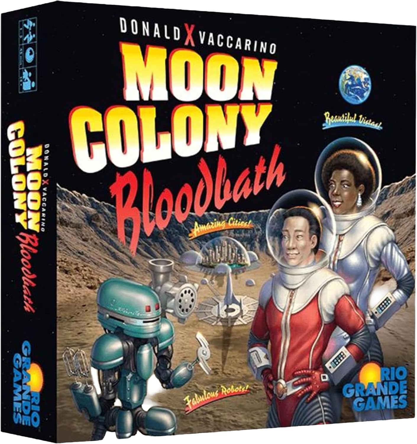 Cities on the moon! This will be humanity’s crowning achievement. At last, no longer bound to the Earth; the moon, a stepping stone to the stars. The rockets are loaded with supplies and colonists; the robots are programmed and ready. Everything has been planned down to the tiniest detail, and there is no chance whatsoever of failure.
To the moon!
This is an engine-building engine-losing tableau game, with a shared deck the players build that makes things happen, many of them bad things that kill peop
