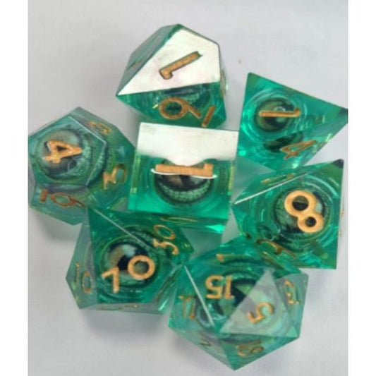 The perfect companion for your gaming needs! These premium, high-end resin are exactly what you've been searching for that upcoming game night with the group. These dice are quality resin with nice weight to them and engraved each with crisp, easy-to-read numerals. Many styles and colors are available.
This set includes one of each: d20, d12, d10, d10 (percentile), d8, d6, and a d4 (7 dice in total)! 
WARNING: These dice are extra sharp! Use with caution