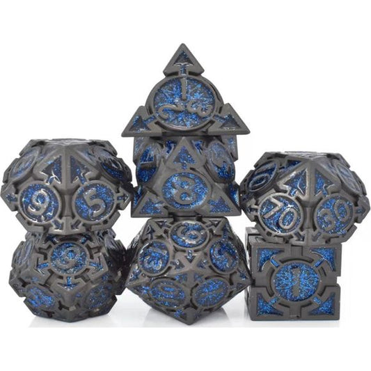 The perfect companion for your gaming needs! These premium die-cast polyhedral dice are exactly what you've been searching for that upcoming game night with the group. Stored in a quality, brushed metal tin with foam insert. These dice are a rich metal with nice weight to them and engraved each with crisp, easy-to-read numerals. Many styles and colors are available.
This set includes one of each: d20, d12, d10, d10 (percentile), d8, d6, and a d4 (7 dice in total). All inside the Galactic Toys Dice Tin.