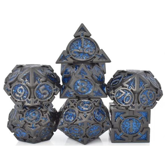 The perfect companion for your gaming needs! These premium die-cast polyhedral dice are exactly what you've been searching for that upcoming game night with the group. Stored in a quality, brushed metal tin with foam insert. These dice are a rich metal with nice weight to them and engraved each with crisp, easy-to-read numerals. Many styles and colors are available.
This set includes one of each: d20, d12, d10, d10 (percentile), d8, d6, and a d4 (7 dice in total). All inside the Galactic Toys Dice Tin.