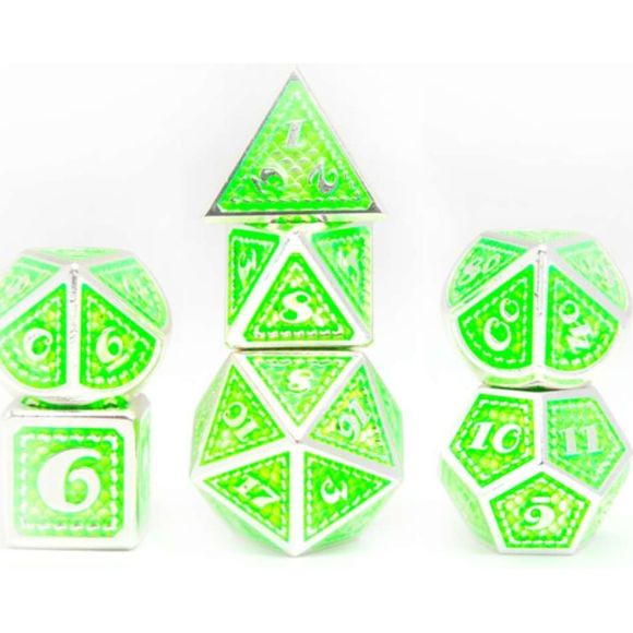 The perfect companion for your gaming needs! These premium die-cast polyhedral dice are exactly what you've been searching for that upcoming game night with the group. Stored in a quality, brushed metal tin with foam insert. These dice are a rich metal with nice weight to them and engraved each with crisp, easy-to-read numerals. Many styles and colors are available.
This set includes one of each: d20, d12, d10, d10 (percentile), d8, d6, and a d4 (7 dice in total). All inside the Galactic Toys Dice Tin.