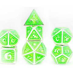 The perfect companion for your gaming needs! These premium die-cast polyhedral dice are exactly what you've been searching for that upcoming game night with the group. Stored in a quality, brushed metal tin with foam insert. These dice are a rich metal with nice weight to them and engraved each with crisp, easy-to-read numerals. Many styles and colors are available.
This set includes one of each: d20, d12, d10, d10 (percentile), d8, d6, and a d4 (7 dice in total). All inside the Galactic Toys Dice Tin.