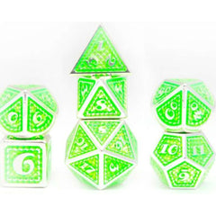 The perfect companion for your gaming needs! These premium die-cast polyhedral dice are exactly what you've been searching for that upcoming game night with the group. Stored in a quality, brushed metal tin with foam insert. These dice are a rich metal with nice weight to them and engraved each with crisp, easy-to-read numerals. Many styles and colors are available.
This set includes one of each: d20, d12, d10, d10 (percentile), d8, d6, and a d4 (7 dice in total). All inside the Galactic Toys Dice Tin.